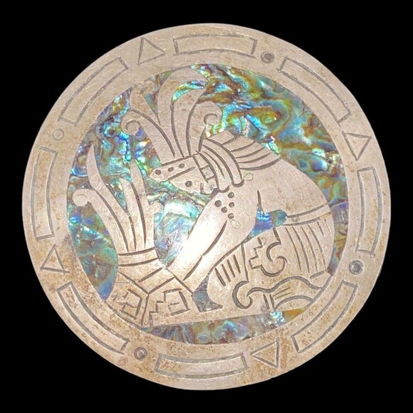 Brooch 2.5" Abalone Shell Mayan Design Sterling Silver 925 Mexico - Picture 7 of 11